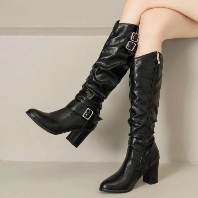 

Black PU Leather Knee High Boots Women's Casual Block Heel with Double Buckle Design Thigh High Booties Black Brown