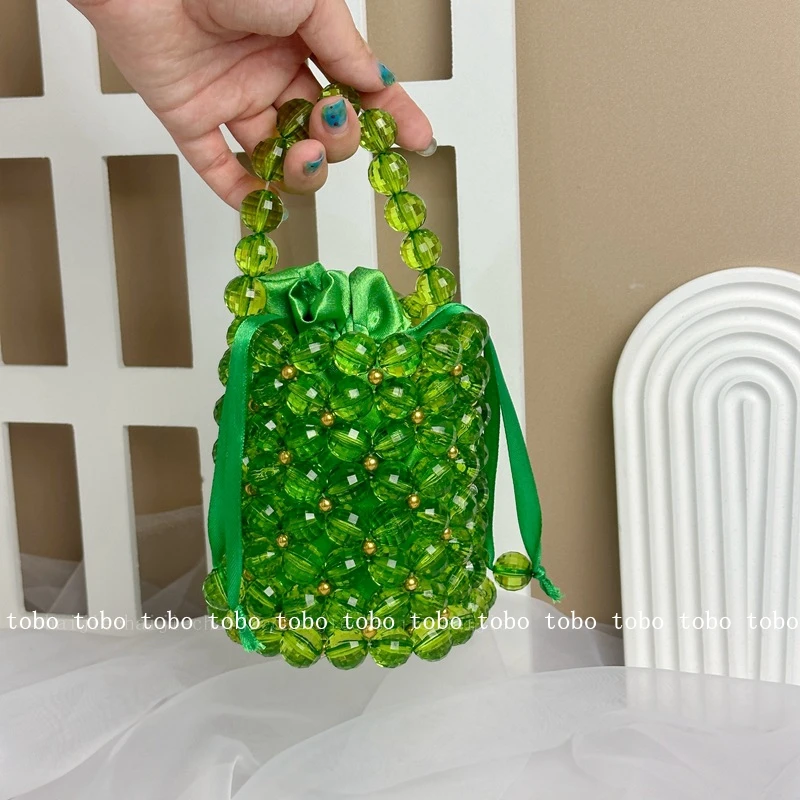 Niche Original Transparent Acrylic Beaded Woven Barrel-shaped Handbgas Summer Fresh Green Small Bucket Bags for Women