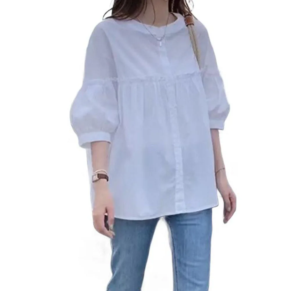 Camisa casual de verão para mulheres, manga curta, gola frontal com botões, feita com mistura de poliéster e elastano, leve e confortável
