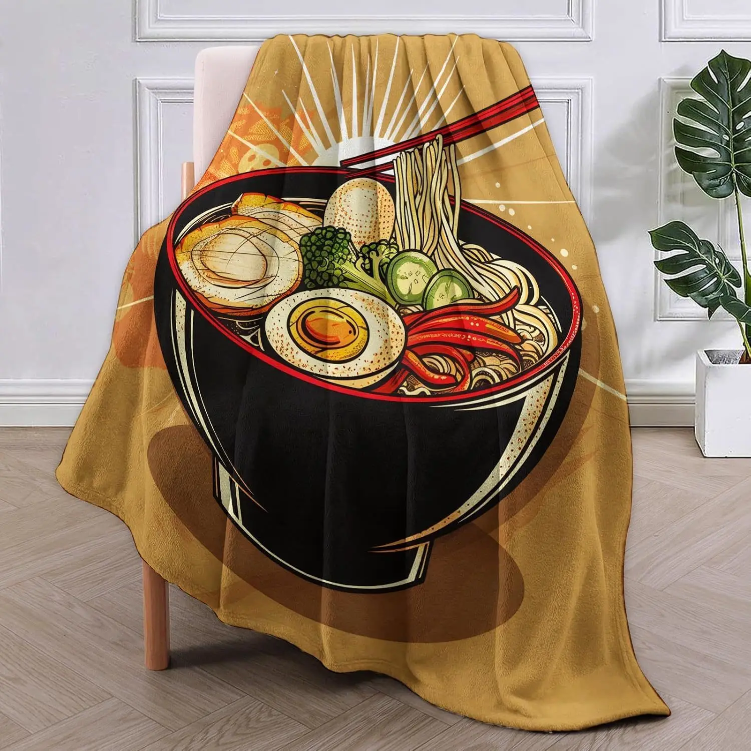 ﻿ Ramen Throw Blanket ,Asian Cuisine Theme Blankets for Room Homen Decor, Colorful Noodle Bowl Illustration, Ramen Gifts