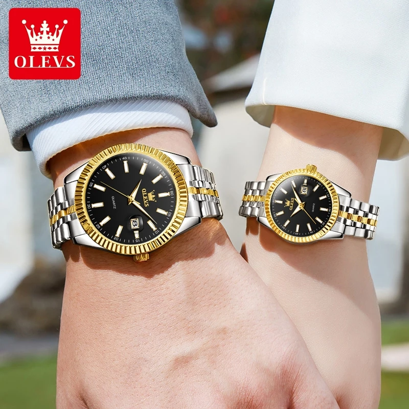 OLEVS-Montre de Couple à Quartz de Marque de Luxe en Acier Inoxydable, Étanche, pour Amoureux, avec Calendrier, à la Mode, pour Homme et Femme