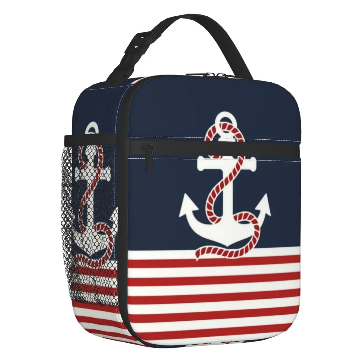 

Navy Blue Stripes Nautical Anchor Boat Insulated Lunch Bag for Outdoor Picnic Leakproof Cooler Thermal Bento Box Women Kids