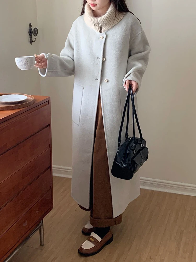 YERMORA gris épissé tricot revers décontracté manteau de laine pour les femmes à manches longues en vrac nouveau pardessus mode marée automne hiver 2025