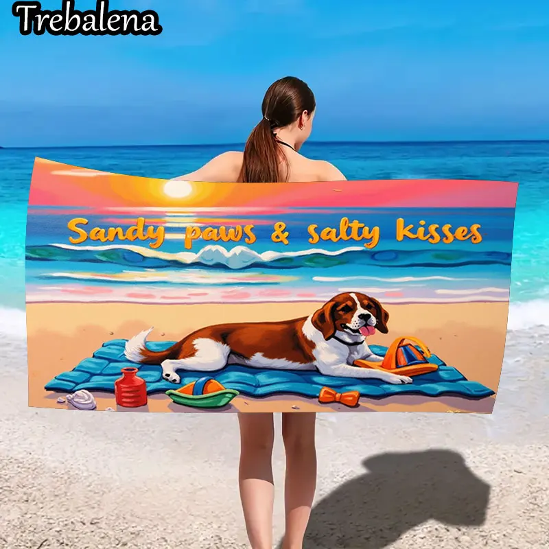 

30*60inch Ultra-Soft Beach Towel with Beach Towel Sandy Paws Salty Kisses Sunset Dog