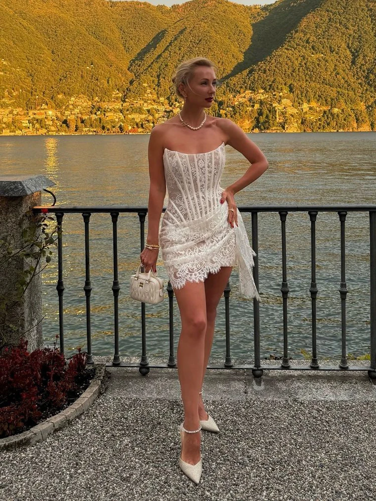 

White Fishbone Lace See Through Strapless Dress Women Sexy Waist Cinched Lace Up Pleated Dresses Spring Lady Daily Party Gown