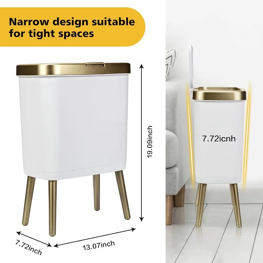 Gold Bathroom Trash Can Slim Garbage Can with Lid 4 Gallon Kitchen Trash Bin with Legs Modern White Trash Can Plastic Waste Bas