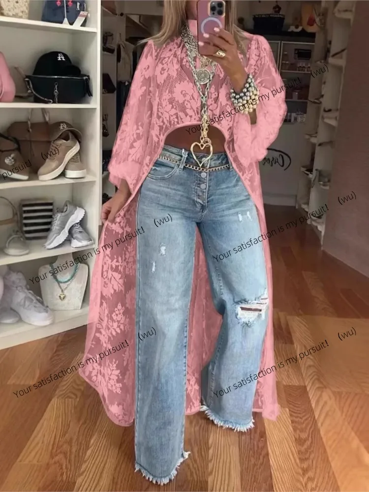 ZOCI-Atasan Renda Wanita, Kaos Kerah Bulat Modis, Lengan Panjang, Elegan, Kasual, Polos, Celana Dalam untuk Liburan dan Kantor, Kaos