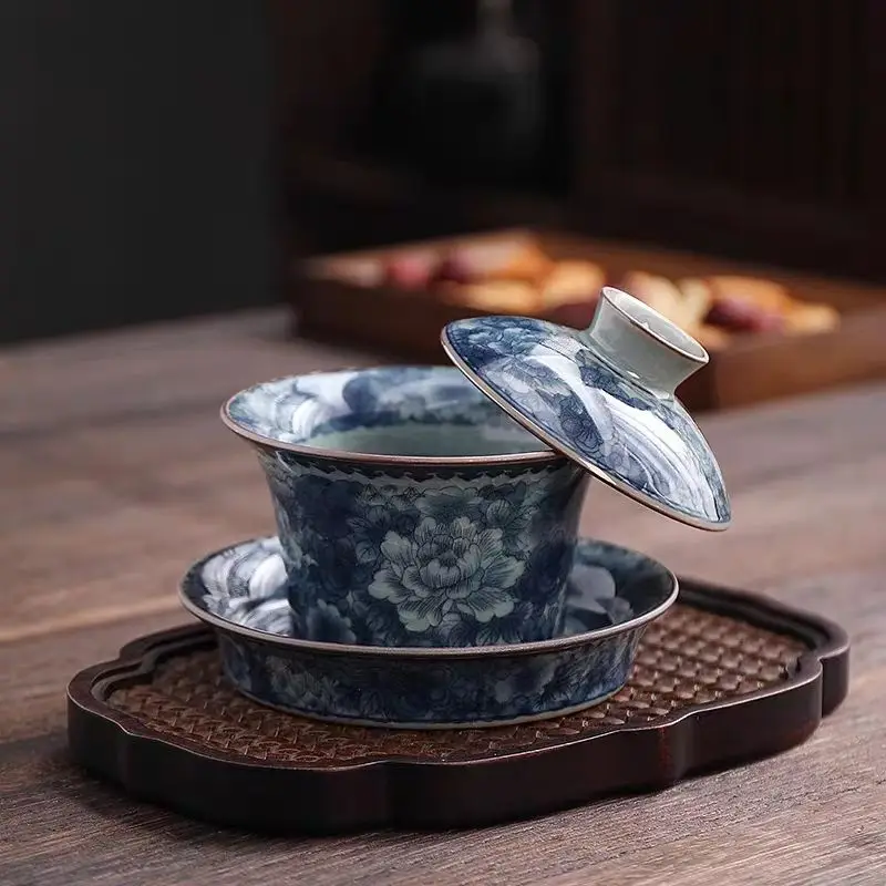 Aged Clay Ge Kiln Three Piece Blue and White Gaiwan Crackle Glaze Nurturable Large Kung Fu Tea Set Home Office Tea Bowl Gift