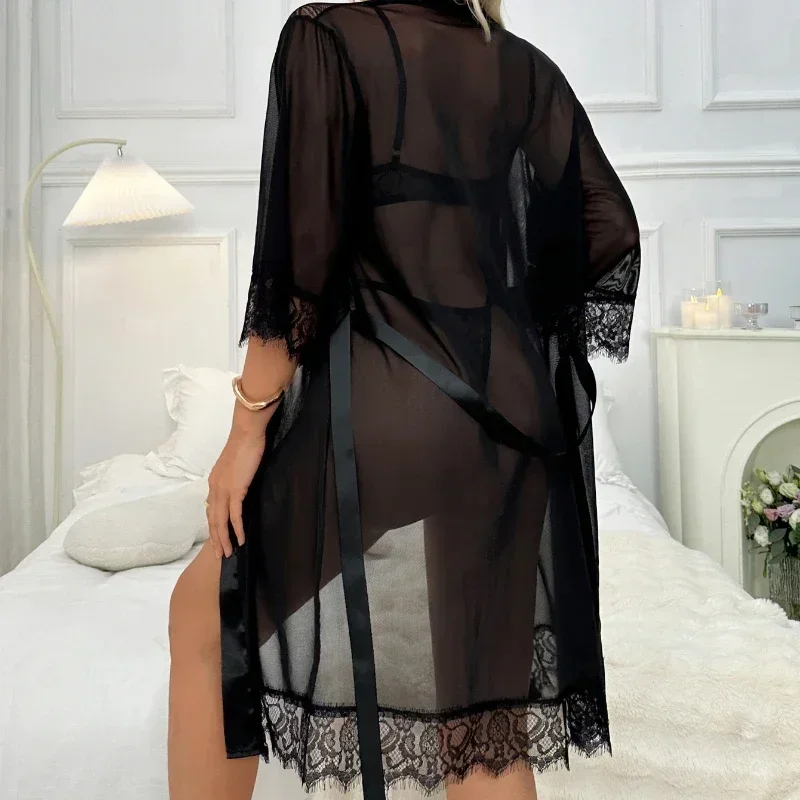 Pijama de mujer, ropa interior de malla negra, camisones sexis, lencería, conjunto de 3 piezas, ropa interior, camisón combinado, conjunto de ropa Sexy para el hogar