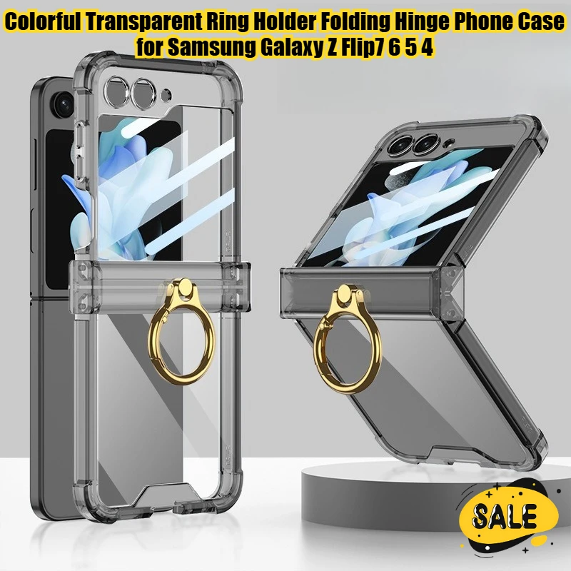 

Colorful Transparent Ring Holder Folding Hinge Phone Case for Samsung Galaxy Z Flip7 6 5 4 Simple Design Anti-drop Anti-scratch