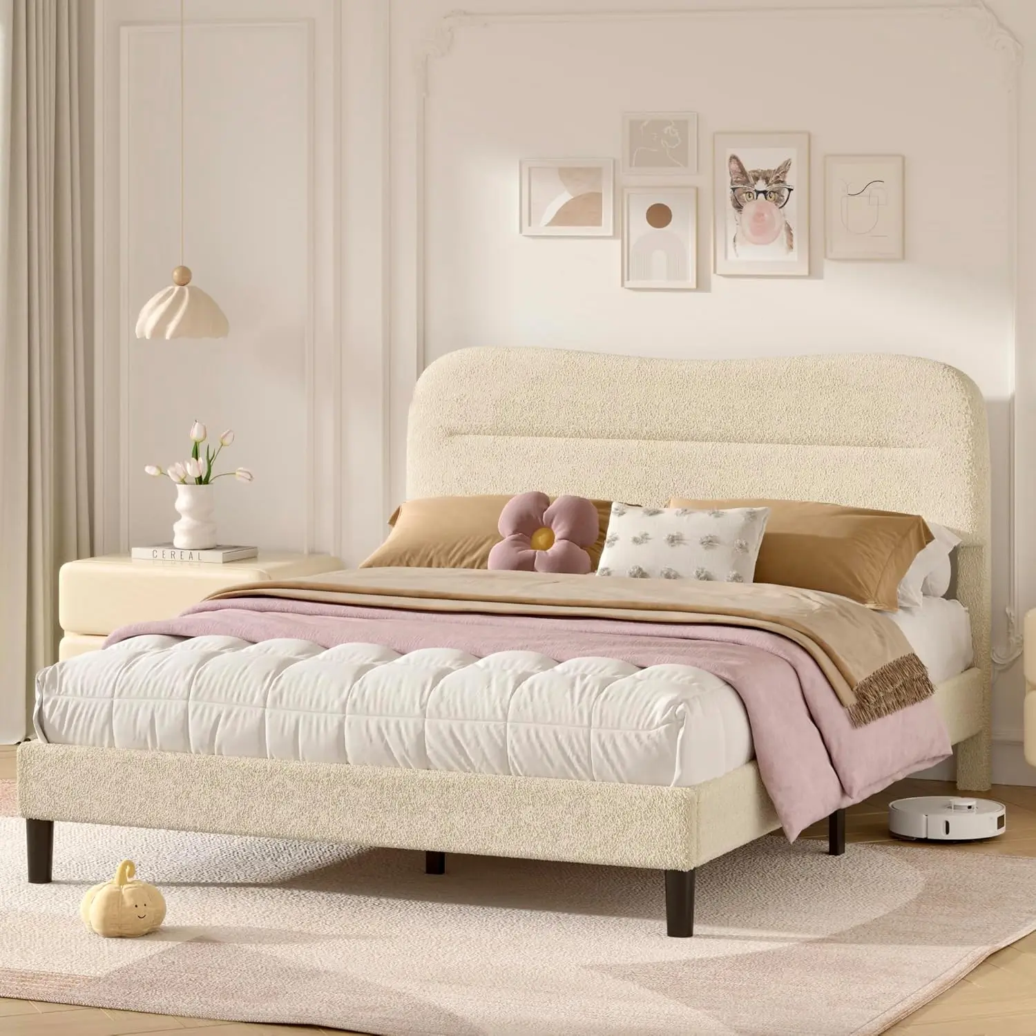 

Каркас кровати размера Queen с изголовьем, обитый тканью, мягкая ткань букле, эффект «мягкое облако», на заказ