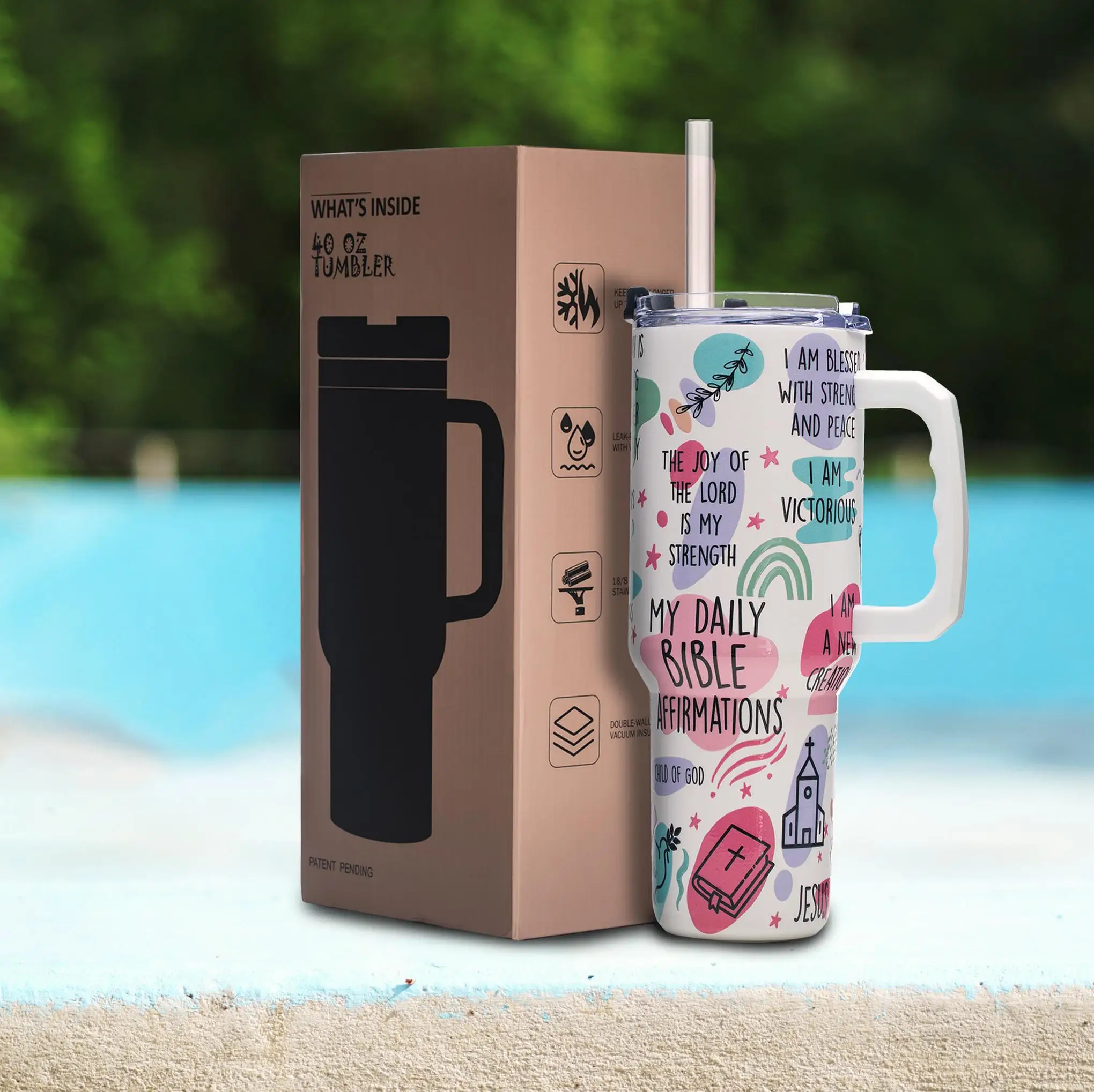 

40oz Christian Tumbler with Daily Affirmations, Stainless Steel Vacuum Insulated Cup with Handle, Inspirational Gift for Her