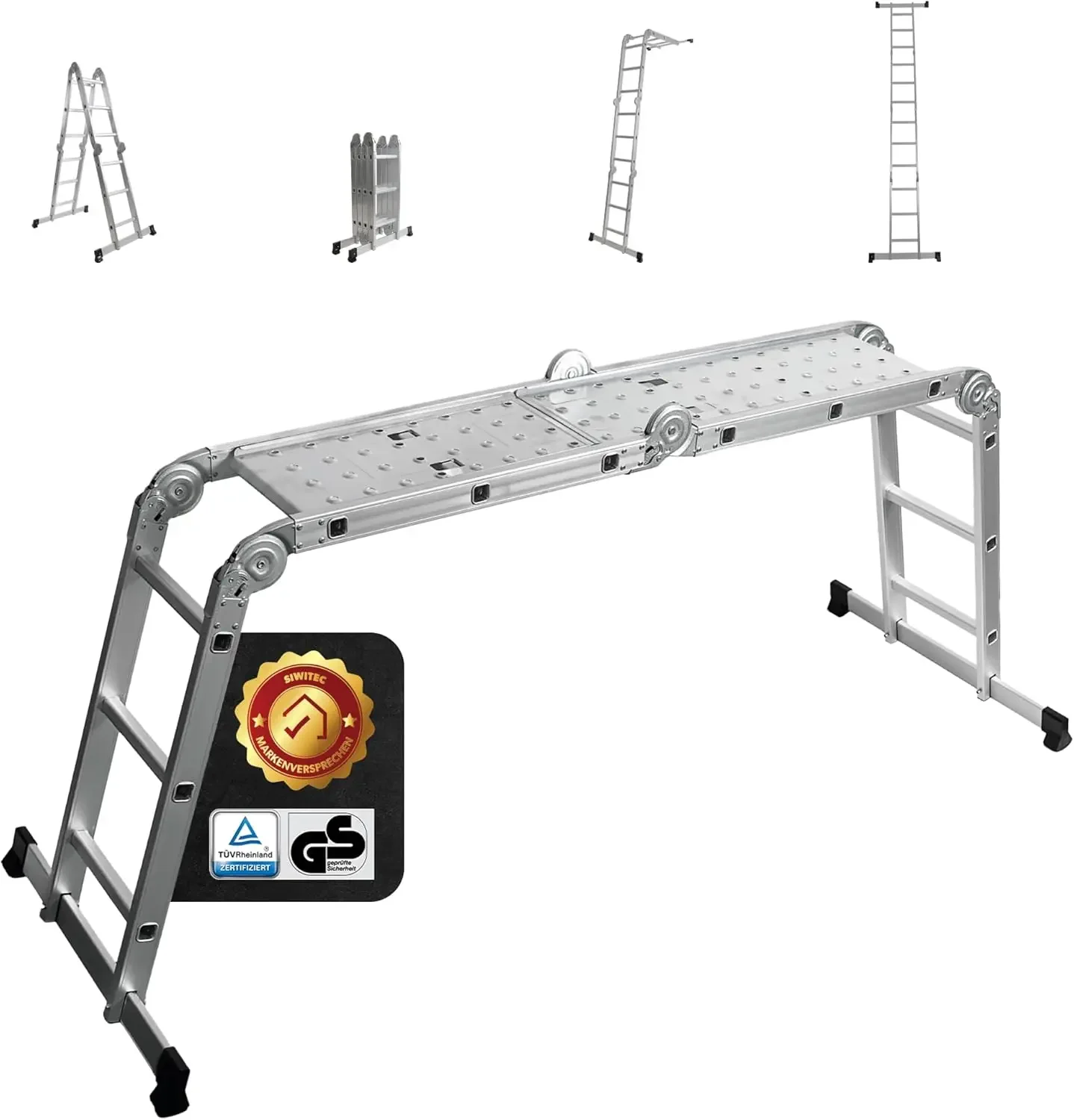 Escalera de Aluminio de 4x3 Peldaños con Placas de Andamio, Capacidad de 150 kg, Certificación TÜV/GS