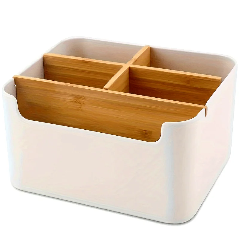 Organizador de Escritorio de Bambú de 5 Compartimentos, Portaplumas y Caja de Almacenamiento de Joyas, Organizador de Cajones Multicompartimento para Oficina, Baño y Maquillaje