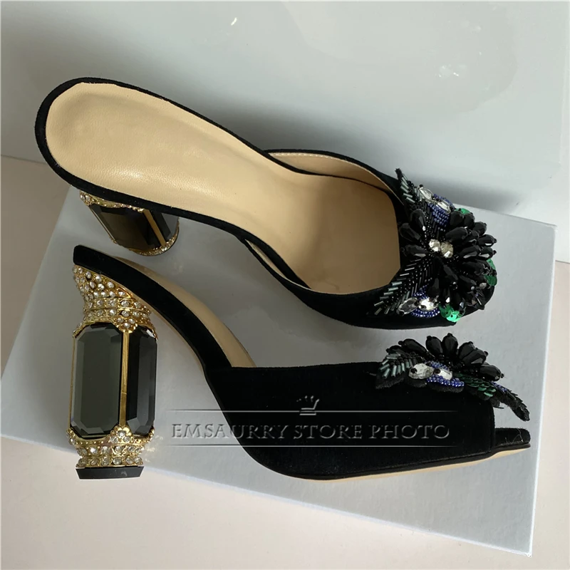 Sequined Beads Flower Party Shoes Summer Jeweled Diamond High Heel Sexy Open Toe Suede Rhinestone Sandals Women