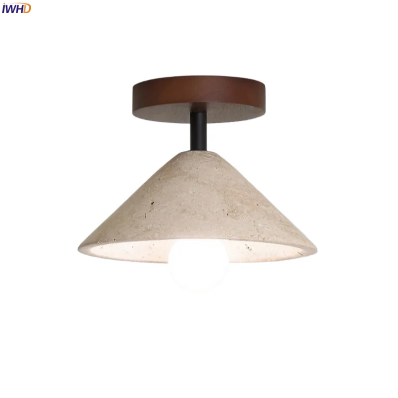 

IWHD Wood Canopy LED Ceiling Lamp Yellow Travertine Home Interior Living Room Corridor Wabi Sabi Ceiling Light Lampa Sufitowa