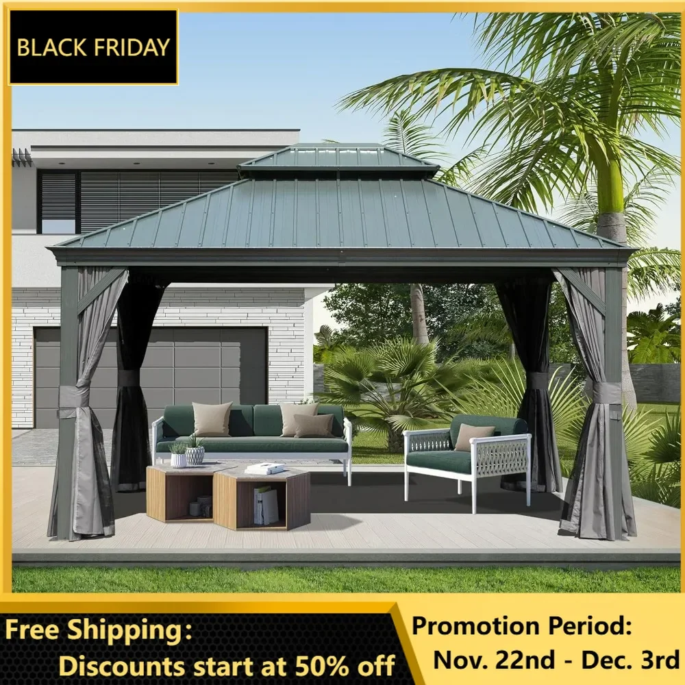 10x14FT Hardtop Gazebo, Outdoor Gazebo with Galvanized Steel Double Roof and Aluminum Frame Curtain and Netting, Pavilion Gazebo