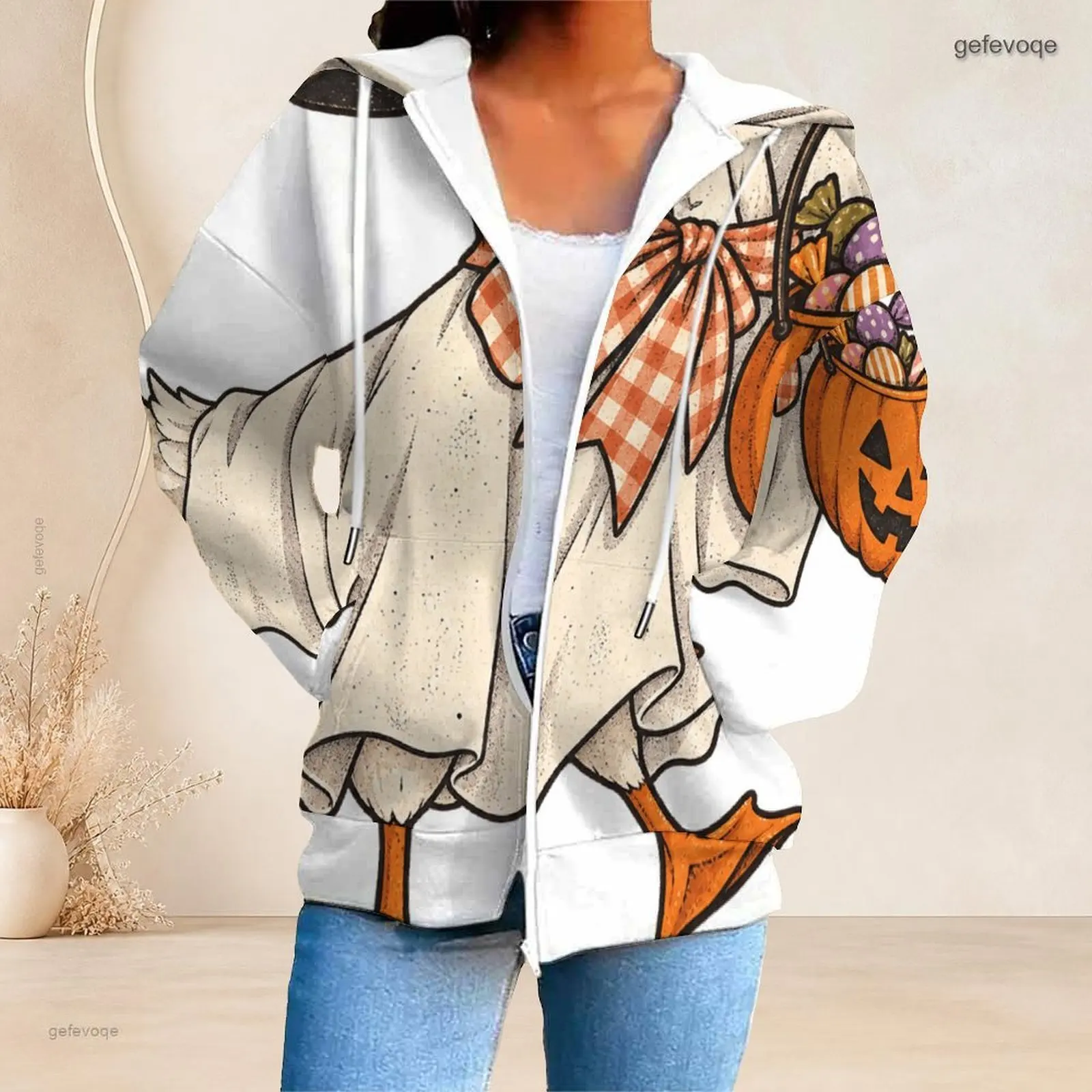 Front Zip Long Sleeve Drawstring Hood Pockets Printed Hoodie for Women