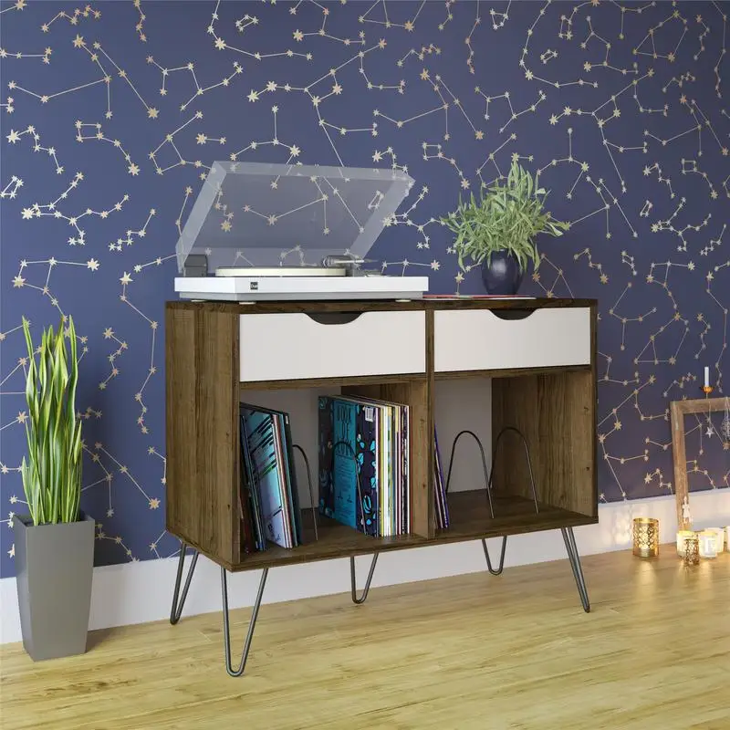 서랍이 있는 콘코드 턴테이블 스탠드는 비닐 레코드 및 액세서리를 위한 수납 서랍이 있는 나무 턴테이블 스탠드가 됩니다.