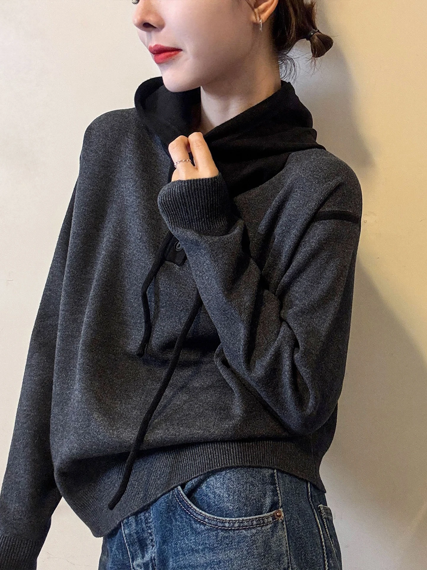 Suéter de Cachemira con Capucha y Diseño de Bloques de Color Invernal, Estilo Coreano Informal, Moda para el Trabajo, Manga L...