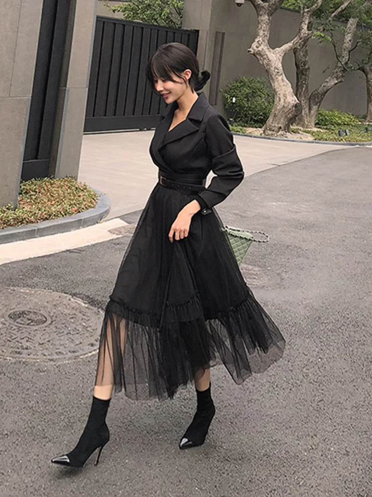 Fashion Korean Women Dress Chic Black Temperament Formal Vintage Casual Belt Slim Midi Party Club Prom Robe Femme Mujer Vestidos