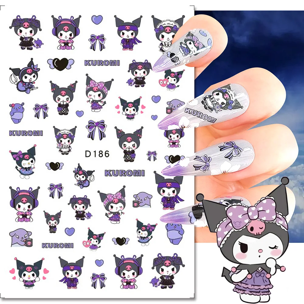 1 Uds Sanrio uniforme púrpura Kuromi pegatinas para uñas calcomanías 3D/5D Hello Kitty decoración de uñas lindo deslizadores de dibujos animados calcomanía de manicura