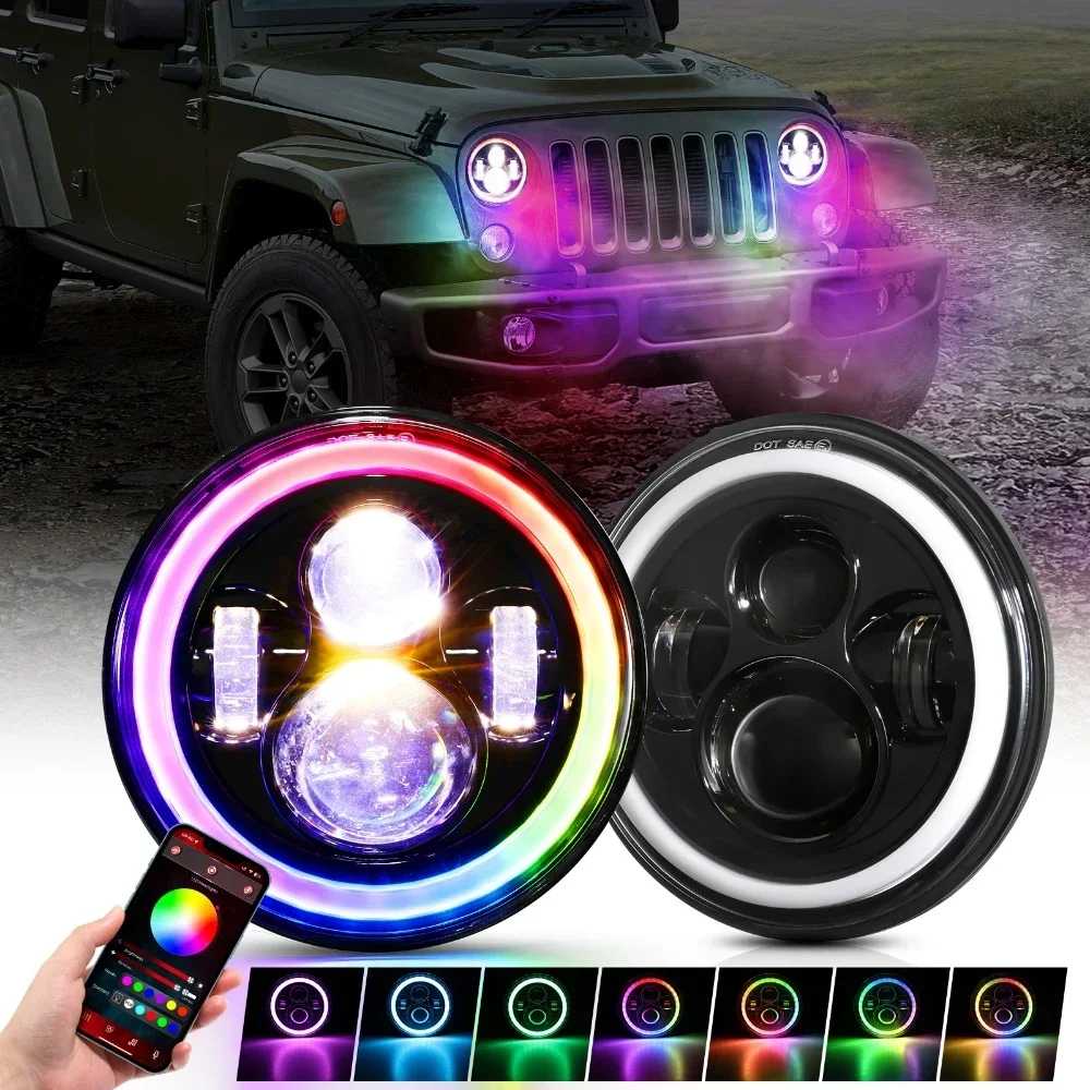 

RGB 7-дюймовый светодиодный проектор для фар с ангельскими глазами, указатель поворота, Bluetooth, управление приложением для Jeep Wrangler 1997-2017 JK 2007 ~ 2017