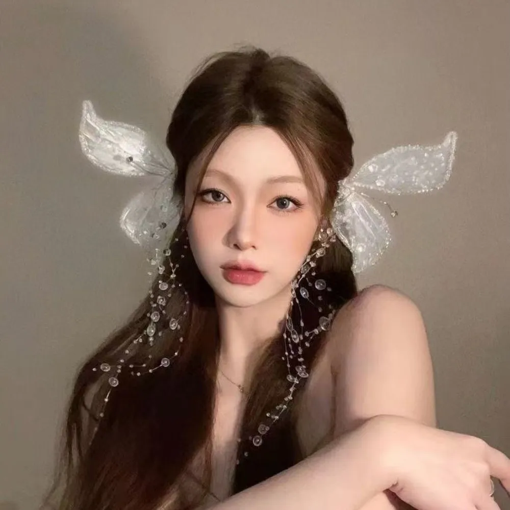 

1Pair Retro Animal Butterfly Hairpins bead Fairy Wedding Bridal Headdress Sequin Korean Style Tassel Hair Clip Wedding