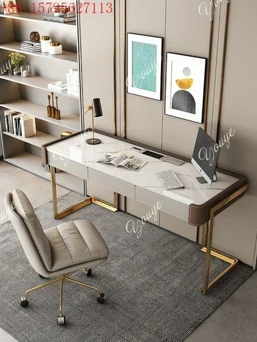 

N49 J 02 Italian Stone Plate Saddle Leather Desk Modern Home Light Luxury Study Designer Desk Wall High-End Computer Desk