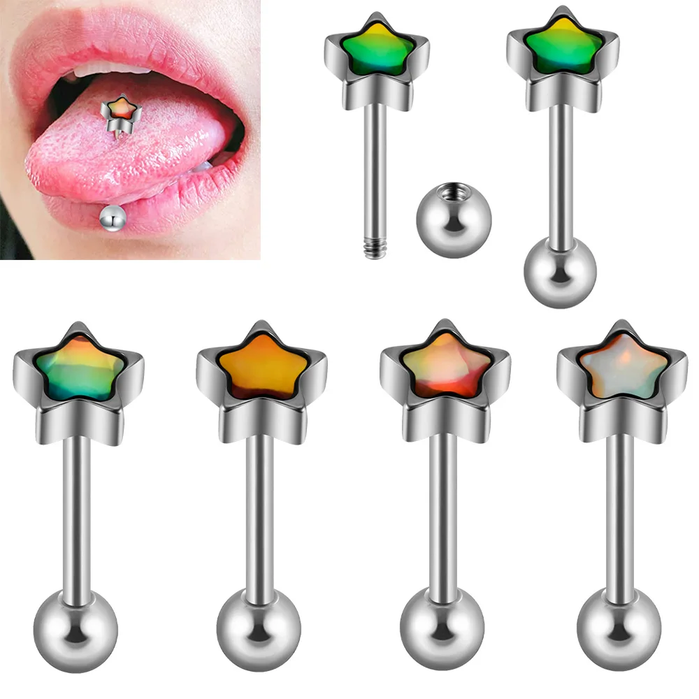 1PC Surgical Steel Flash Film Pentagram Tongue Studs Externally Threaded Ball Ear Cartilage Tragus Body Piercing Jewelry 14G