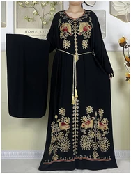 Abayas muçulmanas para mulheres vestido 2024 nova moda bordar algodão manga comprida solta femme africano islam mulher vestidos com cachecol