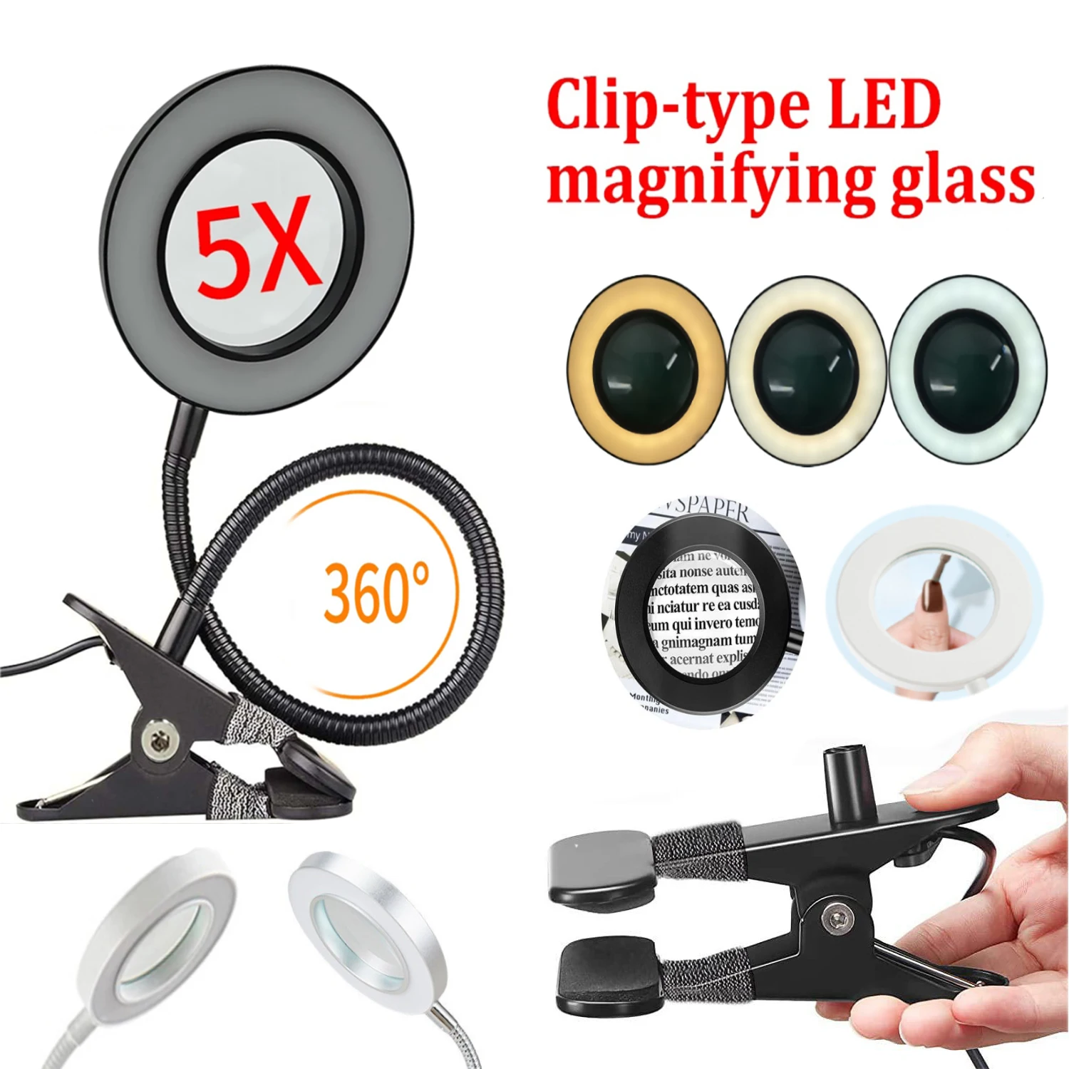 

Clip On LED Desk Lamp Magnifying Glass with Lamp Nail Salon Embroidery Lamp Portable Eye Protection Lamp Black and White Silver