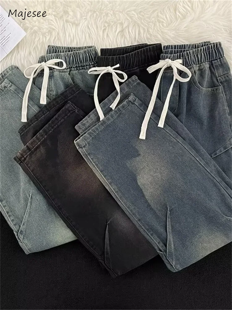 Jeans for Men Japanese Style Retro Washed Casual Drawstring Folds Handsome Straight Trousers Streetwear All-match Personality