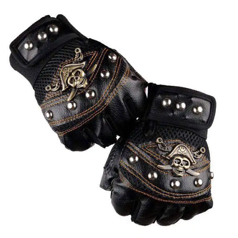 Punk Skulls Rivet PU Leather Gloves Men Women Fashion Hip Hop Anti-slip Half Finger Gloves Summer Cycling Motorcycle Accessories