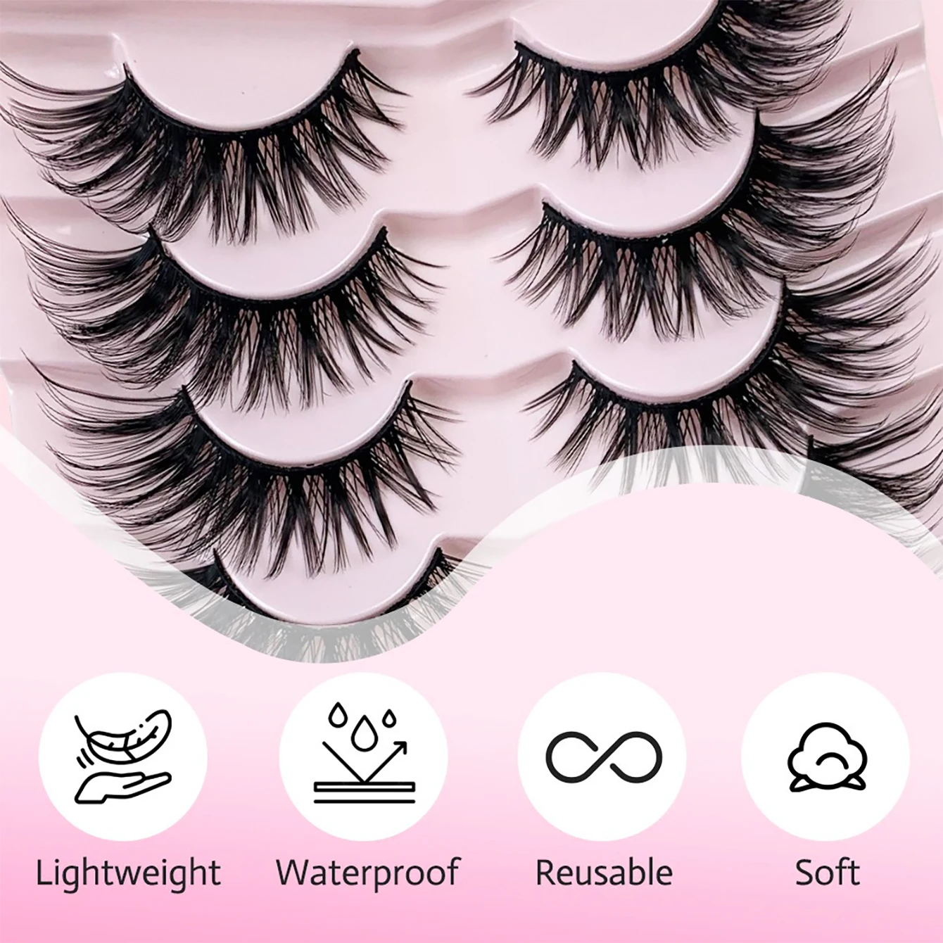 7 pairs of Fox Eye style black stem false eyelashes, fluffy and curled, reusable, with extended outer corners for daily makeup