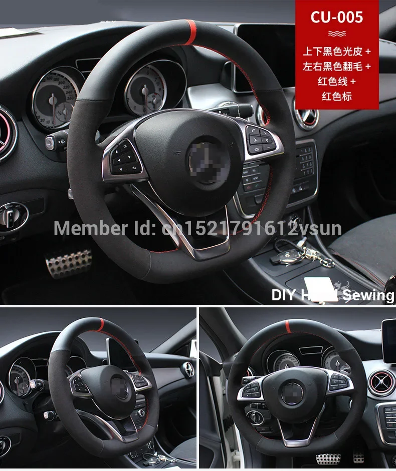 For Benz CLA220 Hand-stitched Anti-Slip Black Leather Black Suede Red Thread DIY Car Steering Wheel Cover