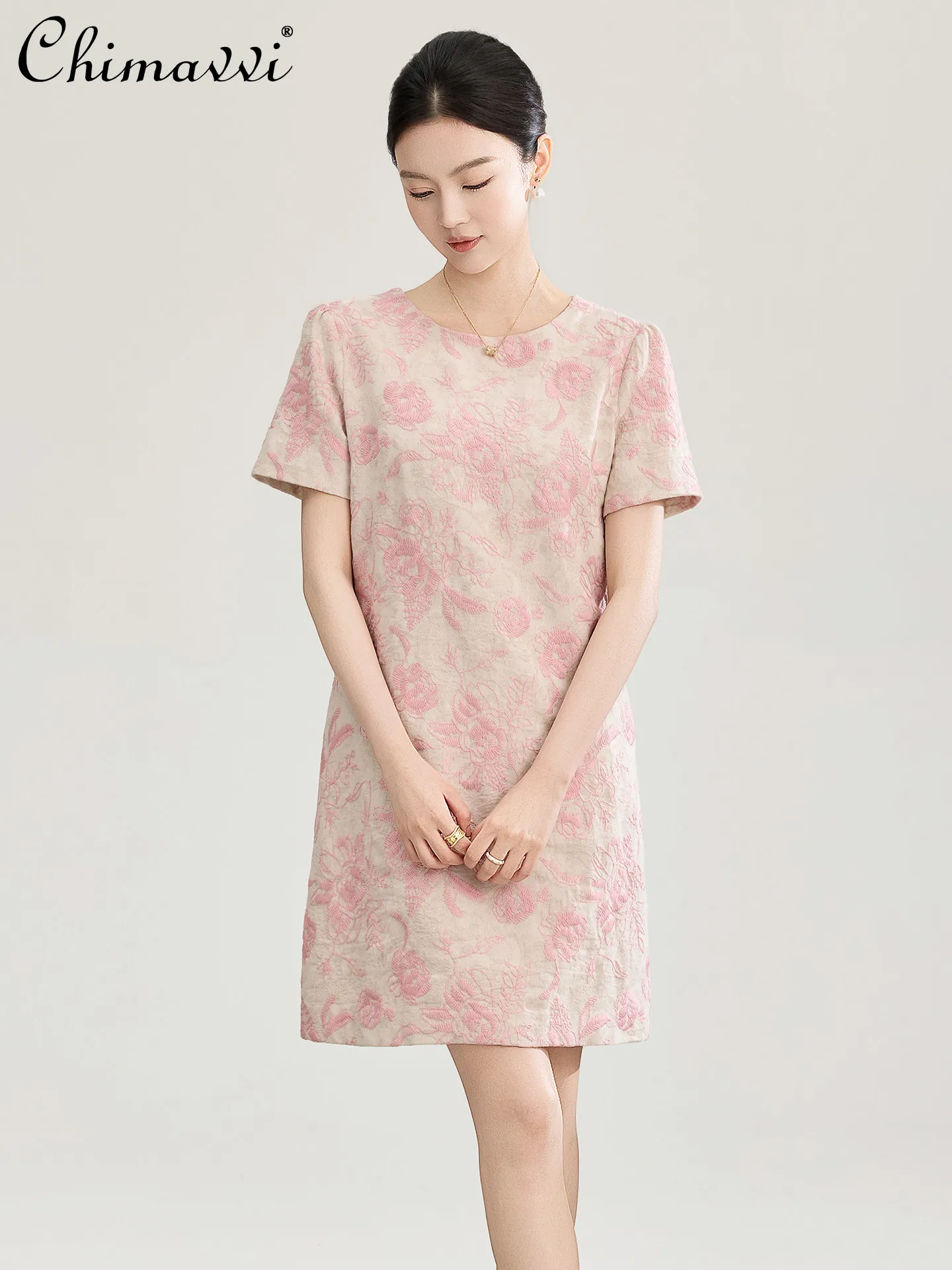 

2026 Summer French Elegant Fashion Jacquard Embroidery Round Neck Sleeveless High Waist Slim Fit A-line Short Dress for Women