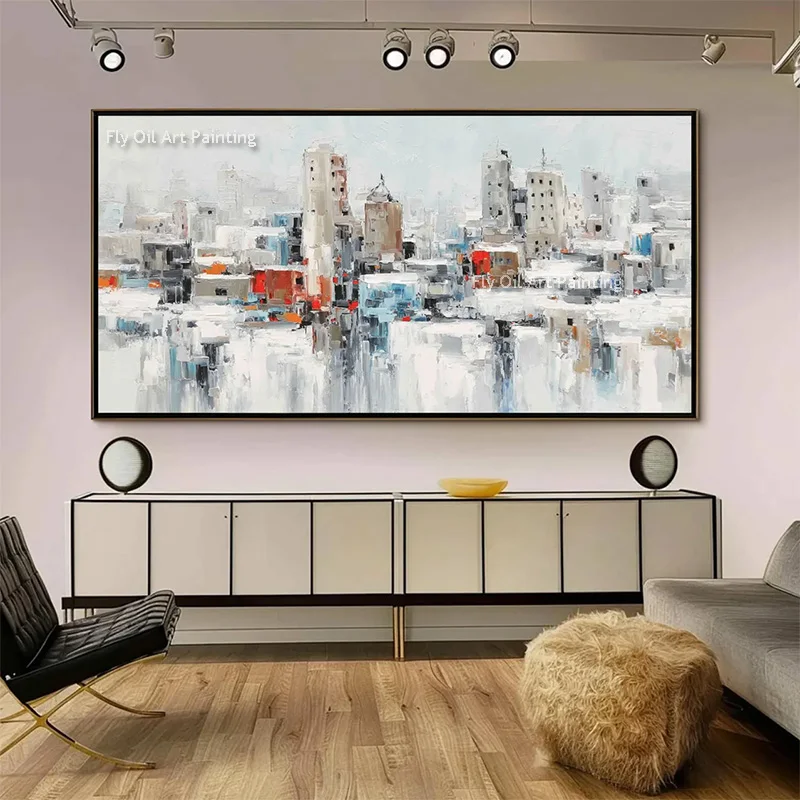 Large White And Grey City Building View Oil Painting For Living Room Decor Handmade Blue Yellow Cityscape Home Wall Art Decor