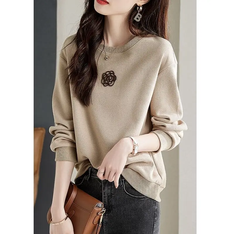 Gentle Style O-Neck Long Sleeve Embroidery Floral Spring Autumn New Sweatshirt Loose Basic Casual Solid Color All-match Tops