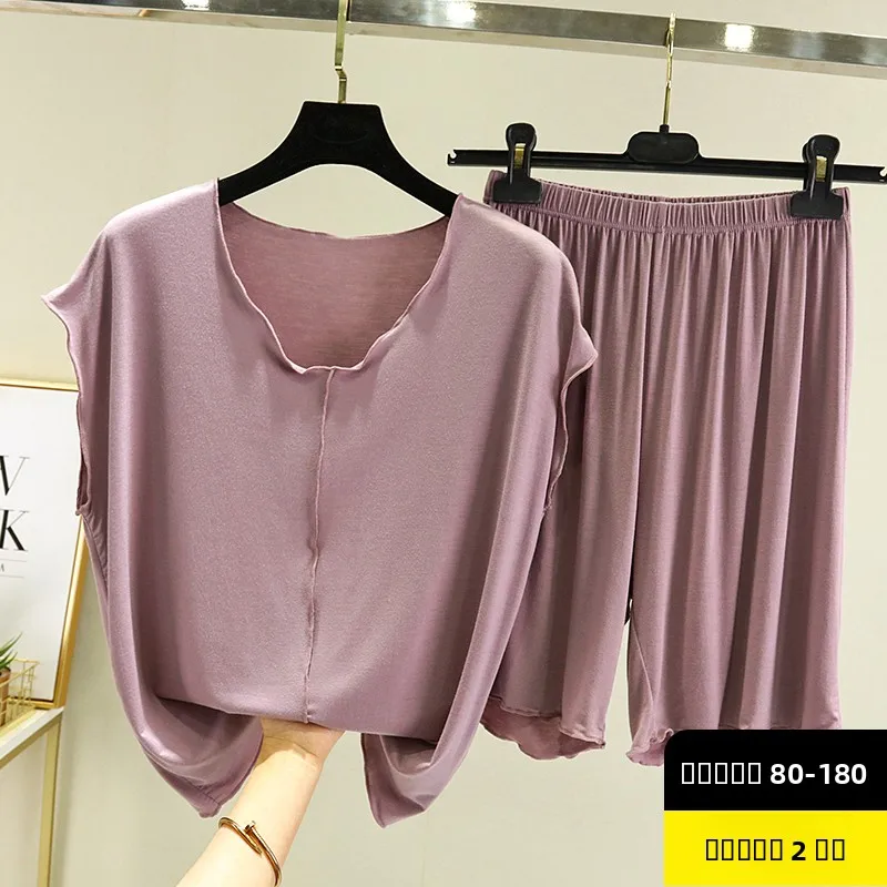 

Modal Summer Thin Loose Home Spwear Large Size V-Ne Svel T-irt High Waist orts Two-Piece Set Women's Casual Wear