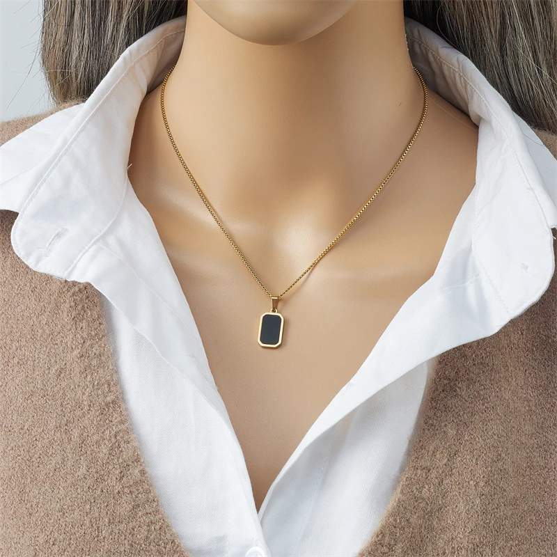 LAMENGLY 316L Stainless Steel Black Rectangular Pendant Necklace For Women New Fashion Girls Exquisite Neck Chain Jewelry Gifts