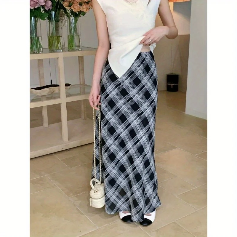 Retro Artistic Blues Lightweight Yarn Texture Plaid Half Skirt for Women Fishtail Skirt for Summer Slimming Plaid Temperament