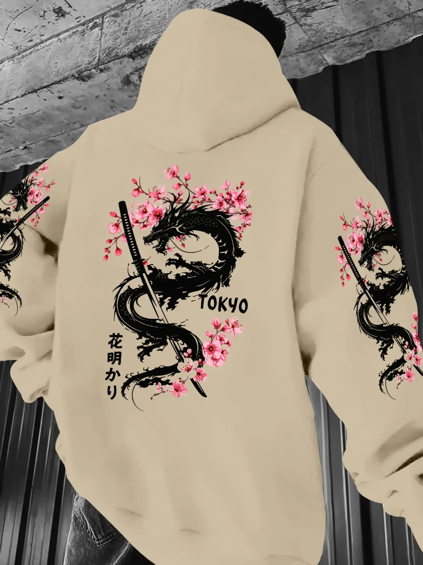 Retro Japanese White Dragon Samurai Sword Kanji Floral Graphic Hoodie Unisex Aesthetic Casual Oversized Street Pullover