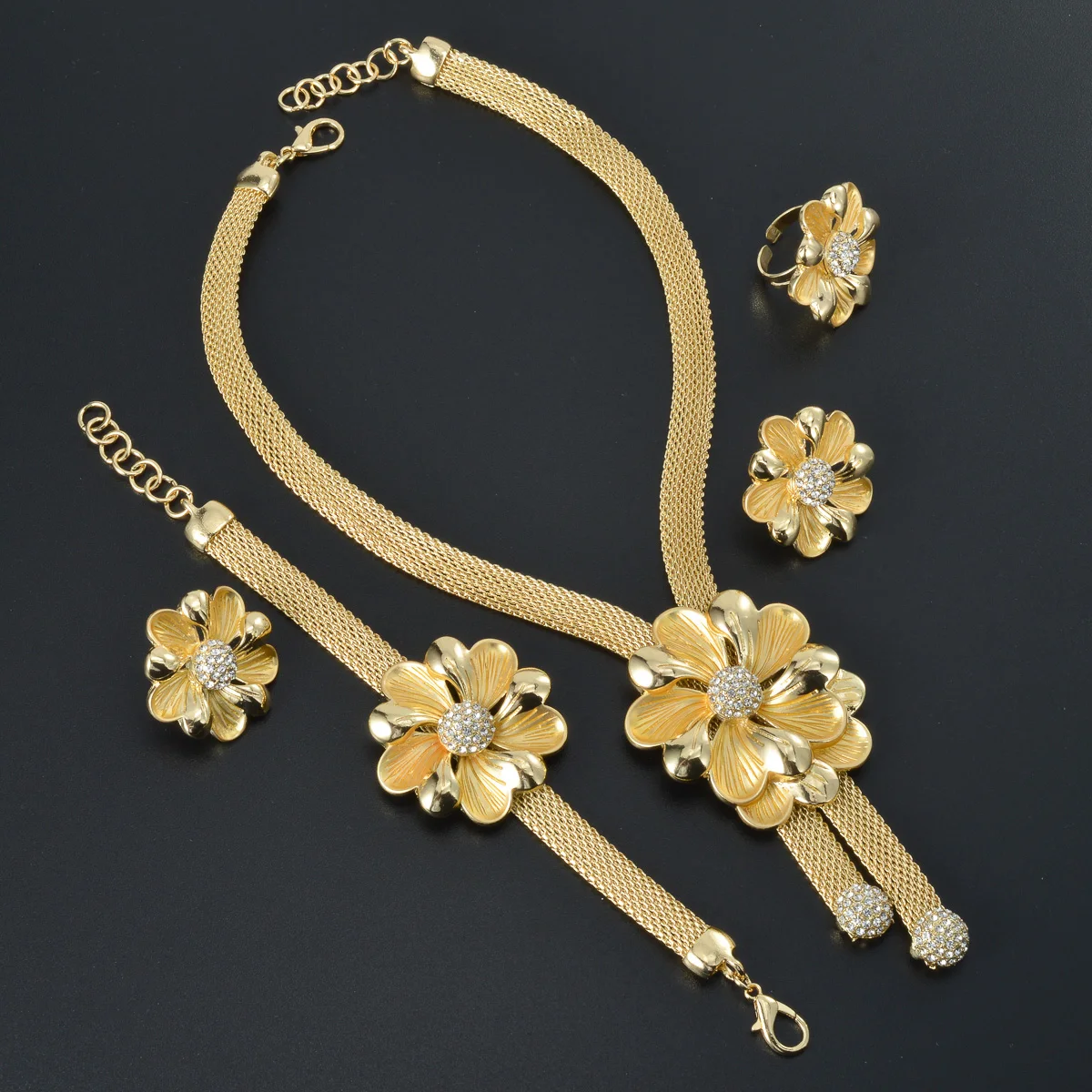 Mesh Chain Tassel Floral Rhinestone Gold Plated 4Pcs Jewelry Set Necklace Bracelet Stud Earring Women Wedding Banquet Outfit