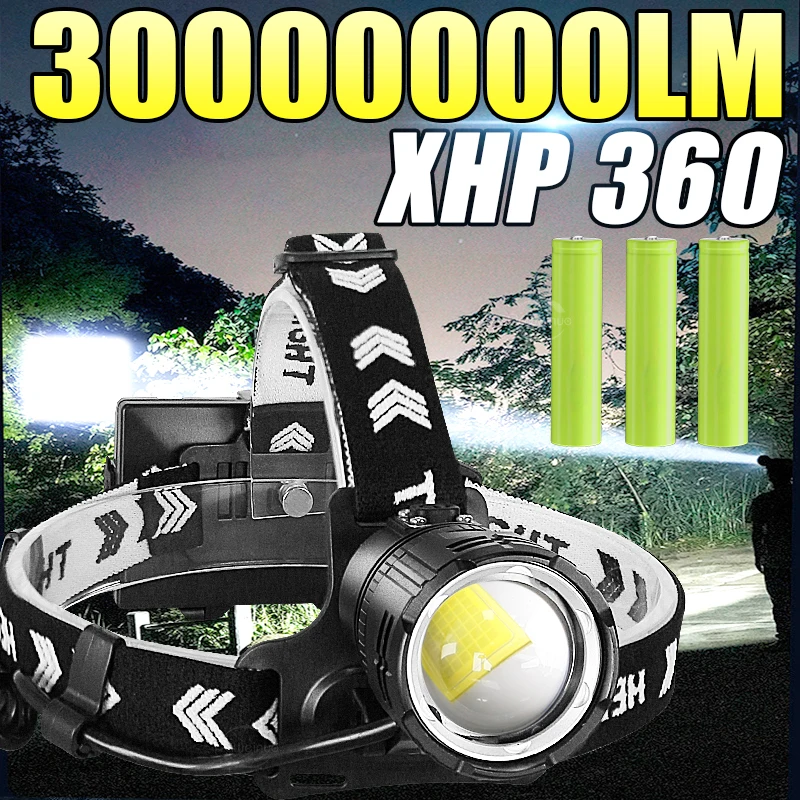 

30000000LM XHP 360 светодиодный налобный фонарь высокой мощности Type-C перезаряжаемые лампы дальнего выстрела 4000 м для рыбалки, кемпинга, портативный налобный фонарь