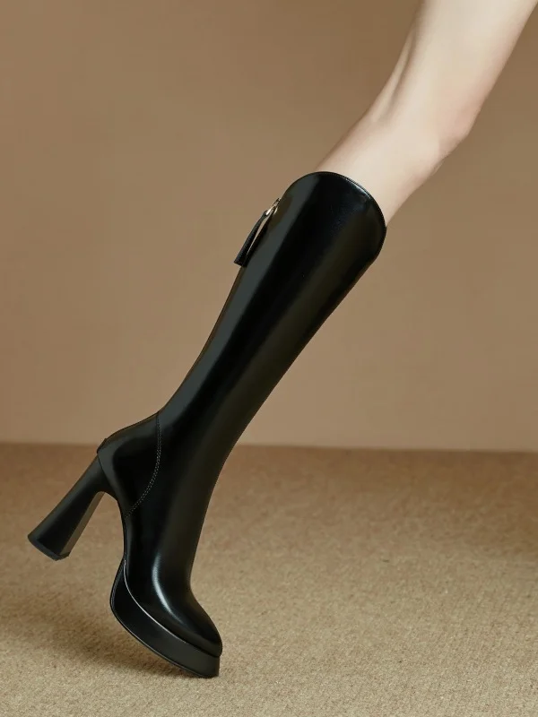 High Heel Long Tube Boots Waterproof Leather Surface Sharp Pointed Toe High Tube Boots European Style Daily Wear Winter Boots