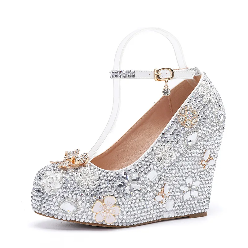 

Роскошные женские туфли-лодочки ручной работы с полным покрытием из страз и кристаллов, модные туфли на шпильке с цветами для банкетов и свадеб