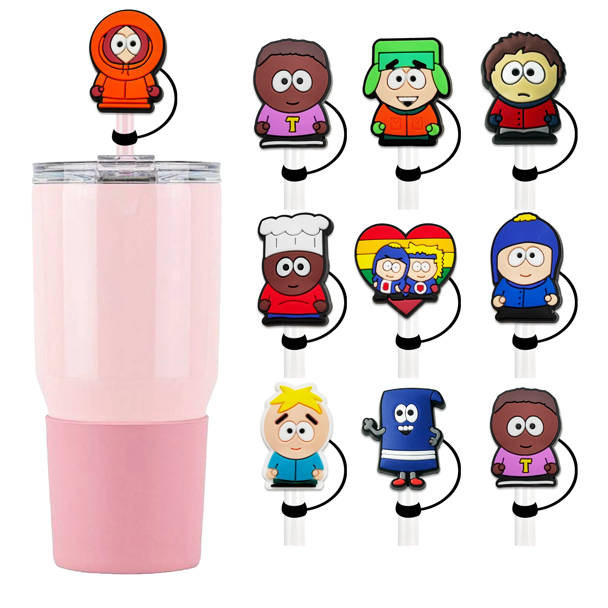 1-9PCS Hot Cartoon South Park Straw Cover Cap 10MM Drink Straw Plug Reusable Splash Proof Drinking Fit Cup Straw Cap Cover