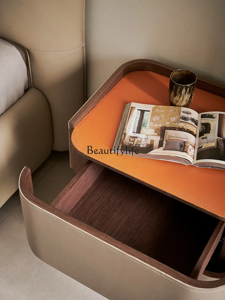 Minimalist saddle leather bedside table modern household small apartment multi-functional solid wood