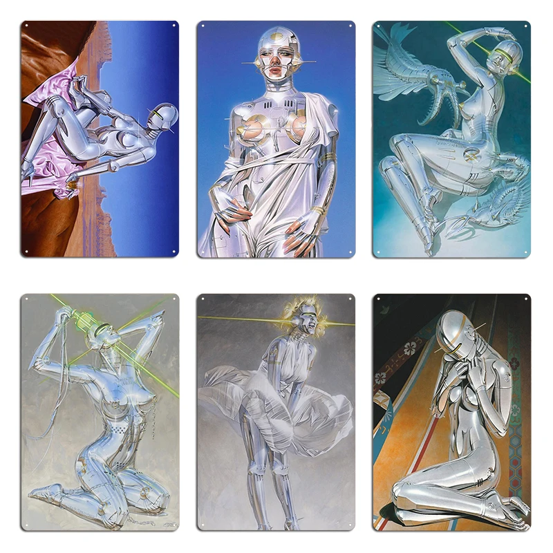 Full Chrome Robot Girl Graphic Hajime Sorayama Metal Sign Plates Designing Cave Pub Wall Pub Tin Sign Posters